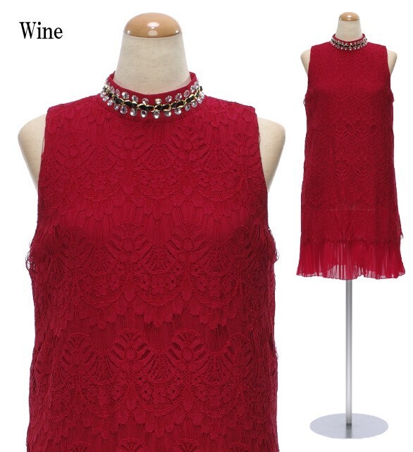 DressLine レース×シフォンプリーツ ハイネックワンピースドレス