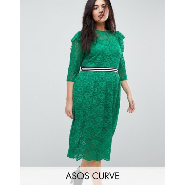 ASOS Midi Lace Tea Dress With Sports Tipping Green