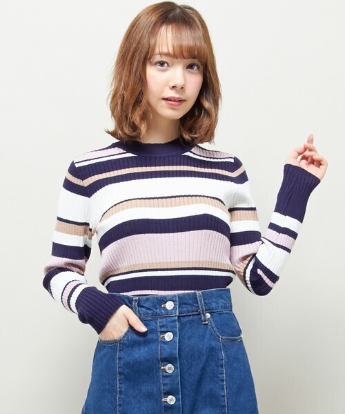 INGNI 12Gマルチボーダーリブプチハイネックニット