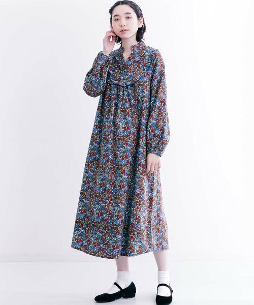 merlot フラワー柄スタンドカラーワンピース7309