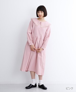 merlot 襟レーストリミングウエスト切り替えワンピース7407