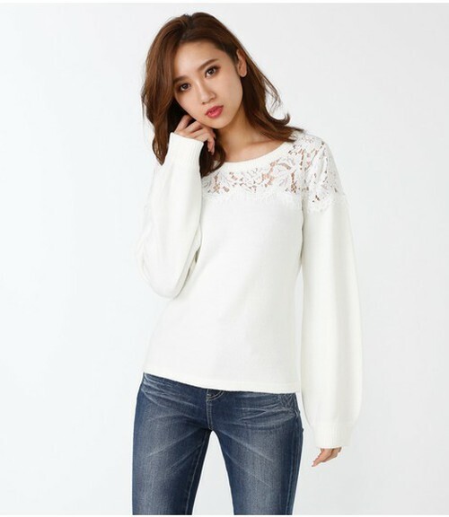 rienda レースコンビパフSLV Knit TOP