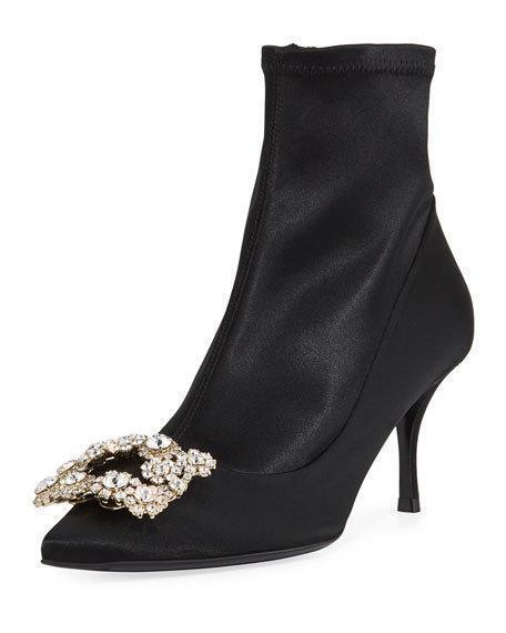 Roger Vivier Stretch-Satin Crystal Buckle Boot