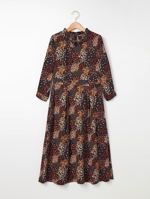 TALBOTS パッチワークプリントミディ丈ワンピース