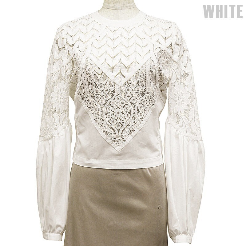 Adonisis 3 LACE & TAPE MIX DESIGN STRETCH COTTON SHIRTING PUFF SLEEVE DESIGN SHORT LENGTH LONG SLEEVE TOP