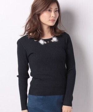 Andemiu ビジューワイドリブニット