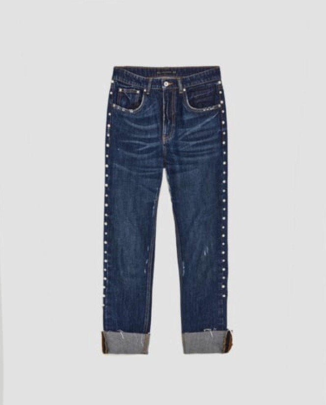 ZARA フェイクパール付きミットライズデニムパンツ