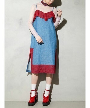 PAMEO POSE LACE TRIMMED DENIM CAMI DRESS