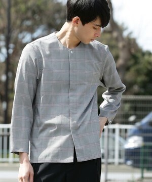 JUNRed ソフトドレープチェックノーカラーシャツ
