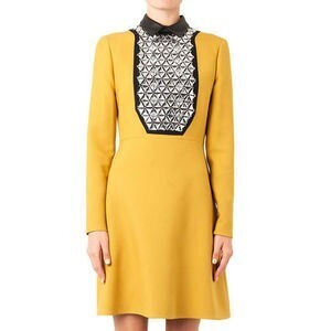 GUCCI レザーカラー＆クリスタル装飾クレープドレス
