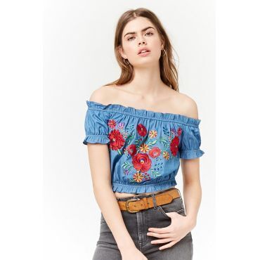 FOREVER21 フラワーエンブロイダリーシャンブレーブラウス