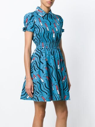 VALENTINO LIPSTICK WAVE PRINT COTTON FLARE DRESS