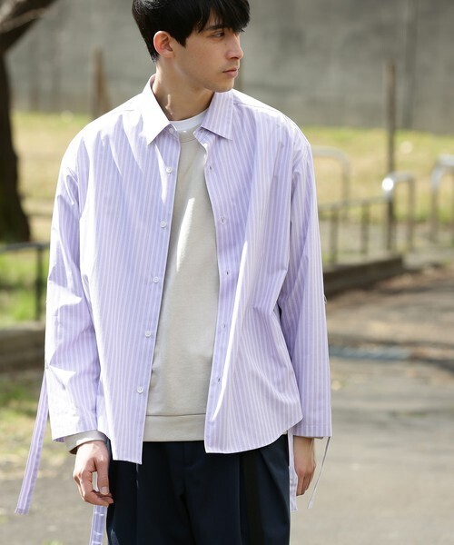 JUNRed ストライプベルテッドシャツ