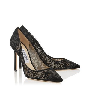 JIMMY CHOO Black スエード X フロック加工バタフライ柄メッシュ・ポインテッド トゥ パンプス