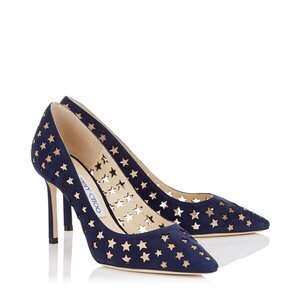 JIMMY CHOO スターパンチング加工 Navy スエード・ポインテッド トゥ パンプス
