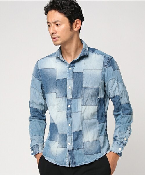 TETE HOMME パッチワークデニムシャツ