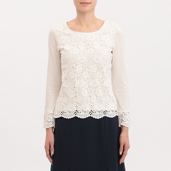 LAURA ASHLEY レース フロント ロングスリーブ トップ(クリーム)