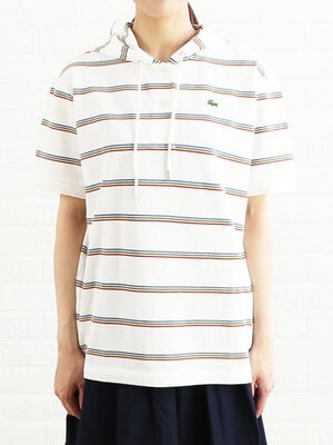 LACOSTE コットンピケ ボーダー 半袖 フーデッド ポロシャツ