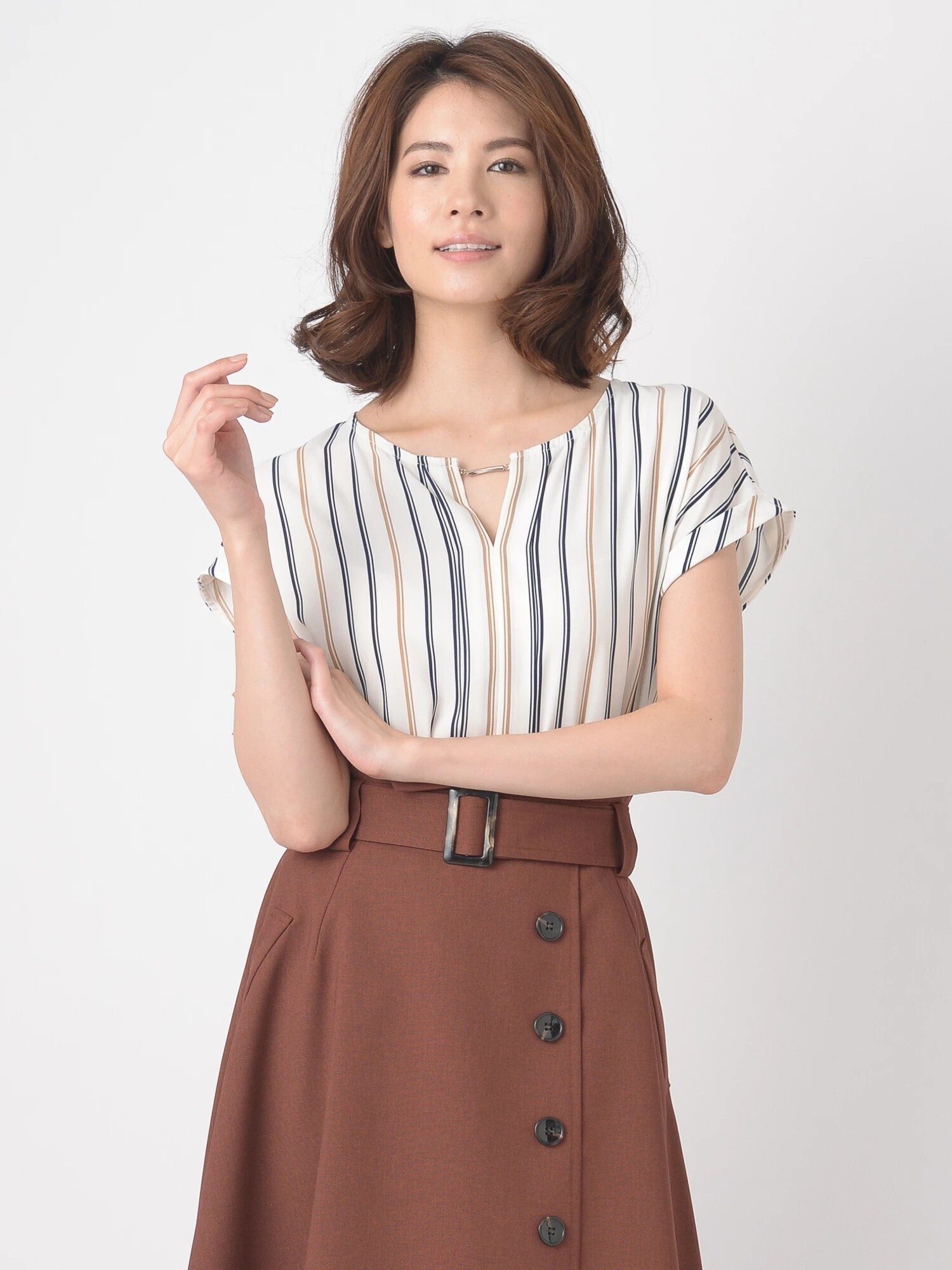 Fabulous Angela マルチストライプバーモチーフフレンチブラウス