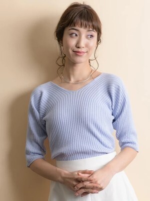 TONAL リブVネック5分袖ニット