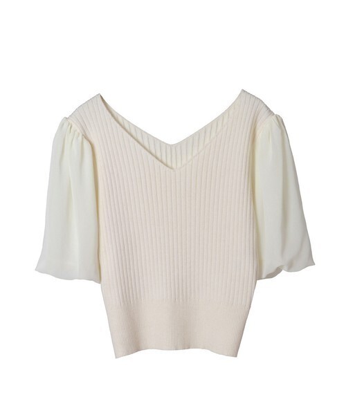 31 Sons de mode リブ両Vネック袖シフォンニット