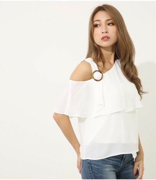 rienda リングバックルワンショルシフォンTOP