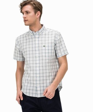 LACOSTE コットンリネン ブルーチェックシャツ (半袖)