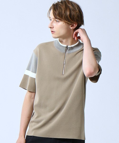 ABAHOUSE カラーブロックモックネックハーフジップTシャツ