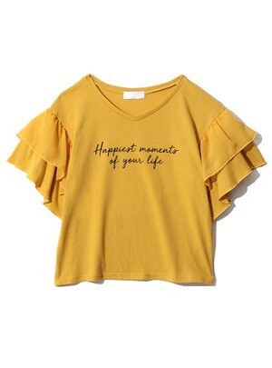 GRL VネックシフォンティアードフリルスリーブロゴTシャツ