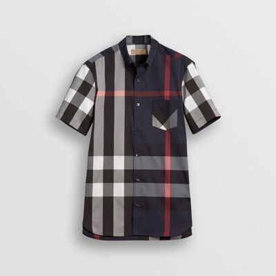 BURBERRY ショートスリーブ チェック ストレッチコットンブレンド シャツ