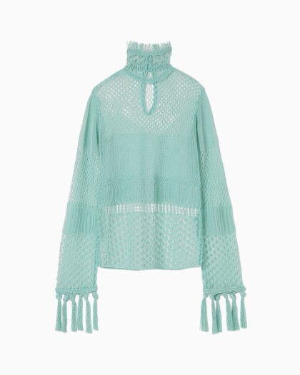 mame Net Lace Knit Fringe Long Sleeves Tops