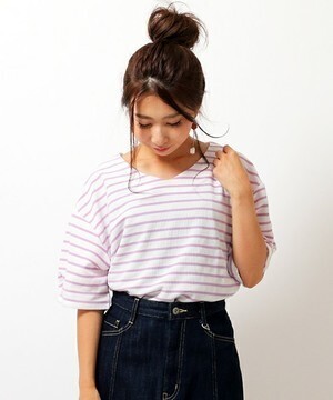 ikka カットワッフルボーダープルオーバー