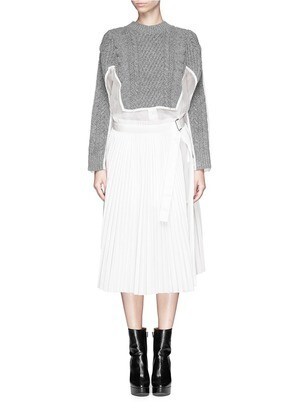 sacai Cable knit panel poplin shirt with plissé chiffon wrap skirt