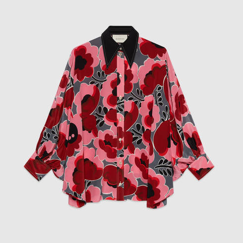 GUCCI Poppies silk shirt with bow