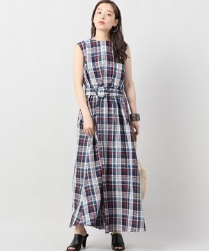 BLUEBIRD BOULEVARD マドラスチェック CREWノースリーブ マキシドレス