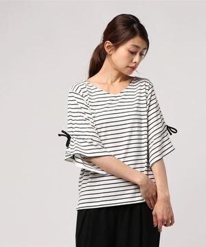 ikka 袖シャーリングボーダーTシャツ