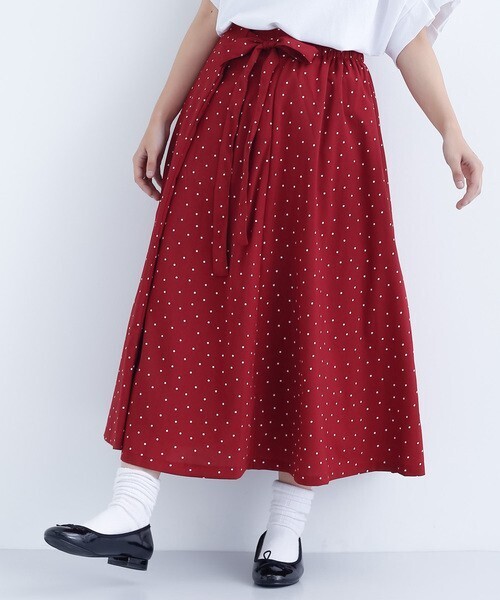 merlot ポプリンドット柄タックフレアスカート