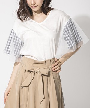 J.FERRY Tシャツ デザイン チュール/チュールチェックスリーブプルオーバー