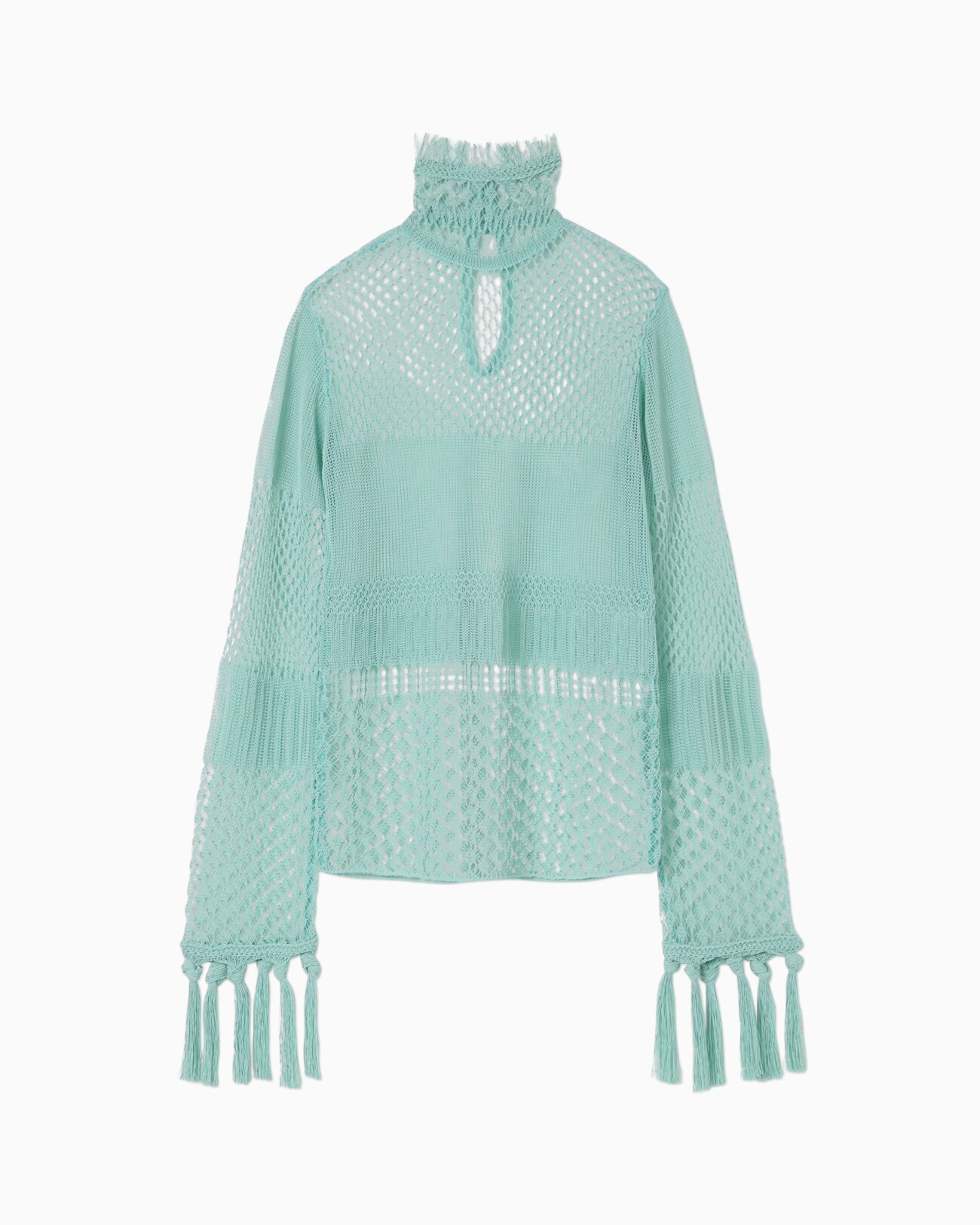 mame Net Lace Knit Fringe Long Sleeves Tops - green