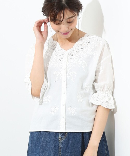 ViS スカラップ刺繍前開きブラウス
