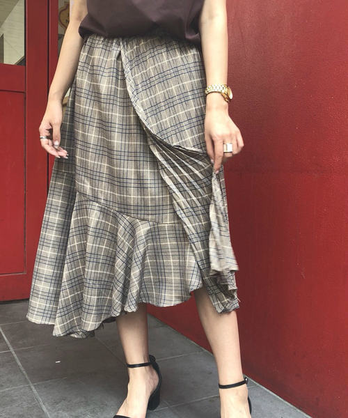 LADYMADE プリーツドッキングチェックフレアスカート