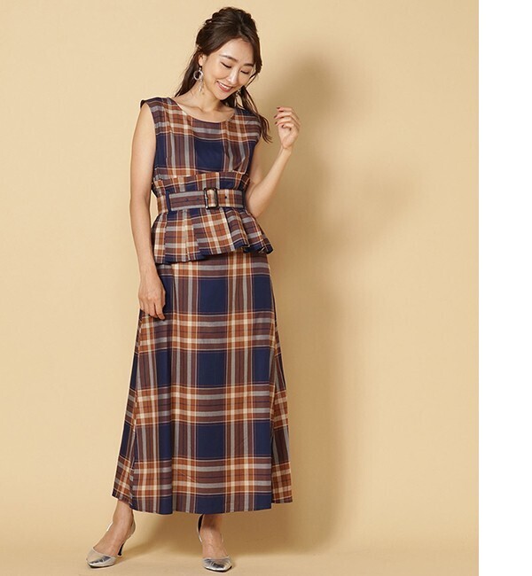 And Couture コルセットベルト付きチェックＡラインワンピース