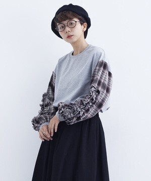 merlot フリルチェック袖ドッキングプルオーバー
