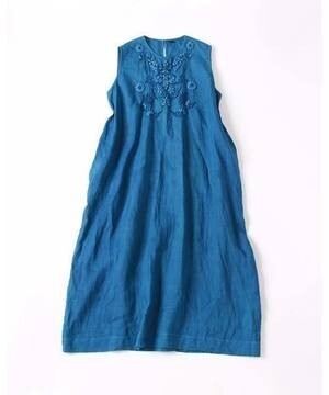 45R 藍リネンくるみ刺繍DRESS