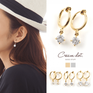 cream dot 一粒ビジューフープイヤリング