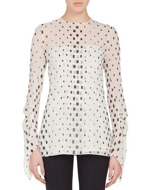 Akris Jewel-Neck Draped-Sleeve Hotel Facade Print Silk Georgette Blouse