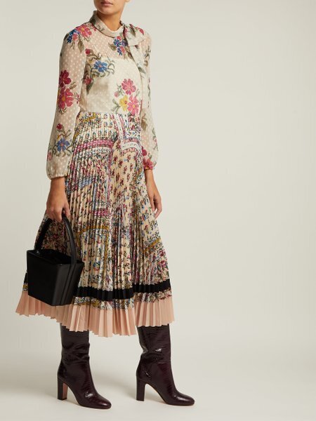 RED VALENTINO Pleated floral-print chiffon and crepe dress