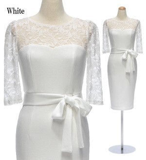 DressLine 【4サイズ】ウエストリボン シアータイトスリーブ ストレッチ ワンピース ドレス