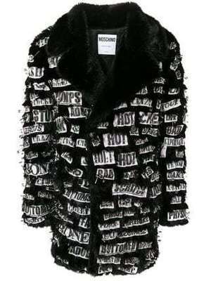 Moschino print patch safety pin coat