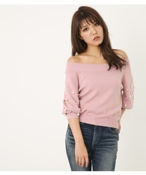 rienda オフショルパールSLV knit TOP